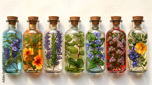 Glass bottles with medicinal herbs