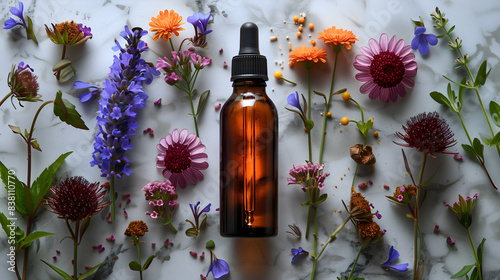 Glass bottles with medicinal herbs
