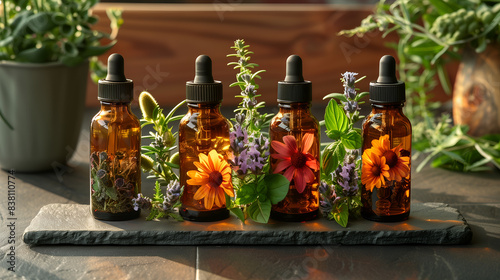 Glass bottles with medicinal herbs
