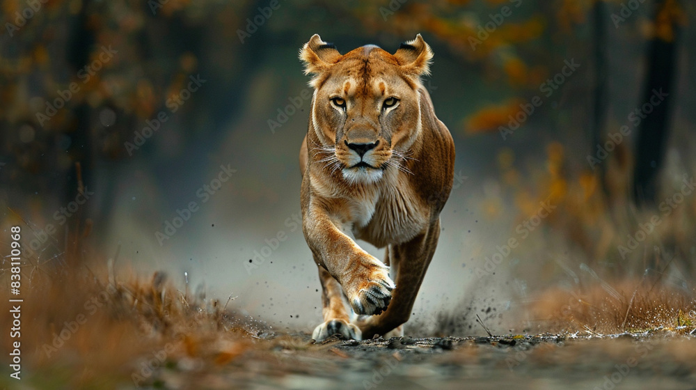 Fototapeta King of the Wild: Lion Racing to hunt in national parks.
