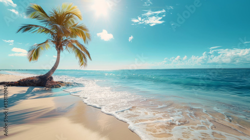 A serene tropical beach with a lone palm tree under a bright sun  clear blue skies  and gentle waves lapping the shore. Perfect for vacation and relaxation.