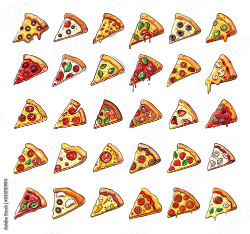 Cartoon pizza slices icons set. Various pizza slices. Italian fast food ingredients Cheese Vegetarian Pepperoni Supreme Margherita, italy greek restaurant meals