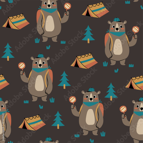 pattern design for kids fashion with cute camper bear drawing as vector