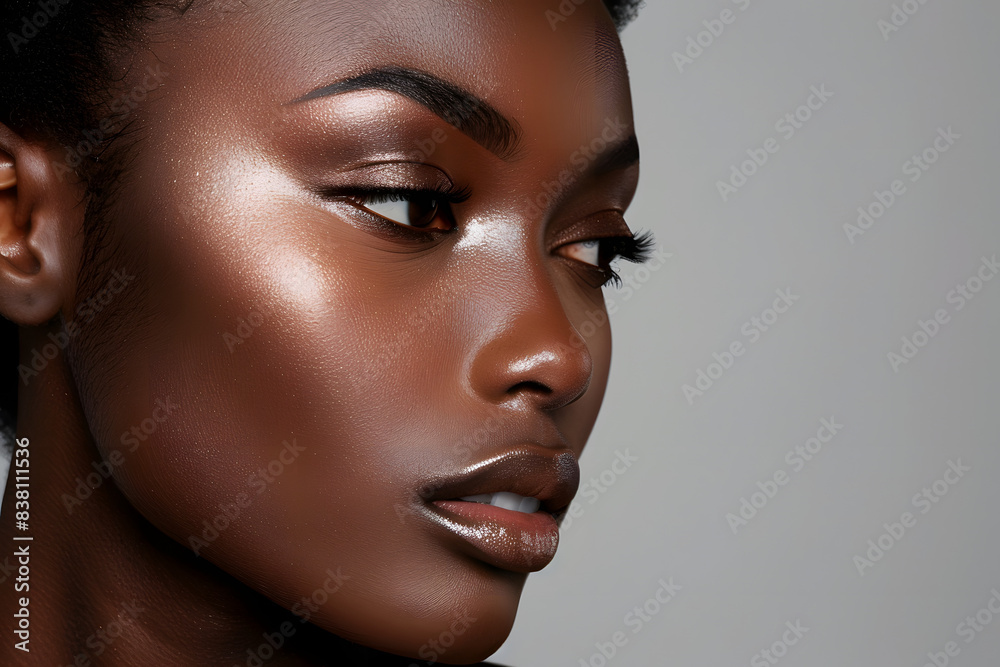 A detailed shot of a model's flawless contouring, capturing the definition and blending, professional makeup application