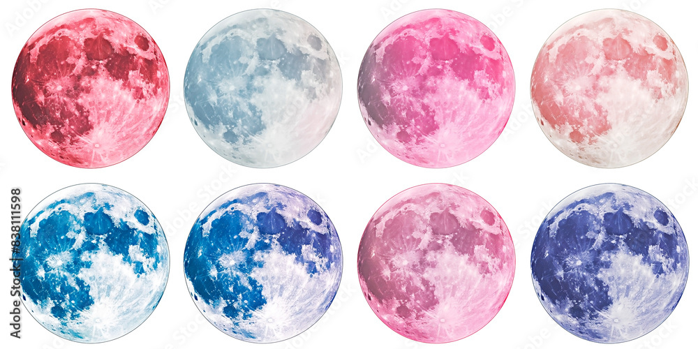 Set of Moon-like satellites in different colors. Isolated on transparent background. Set of Moon-like satellites in different colors. Isolated on transparent background.