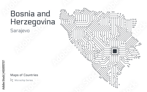 Bosnia and Herzegovina Map with a capital of Sarajevo. Republika Srpska. Shown in a Microchip Pattern with processor. E-government. World Countries vector maps. Microchip Series	