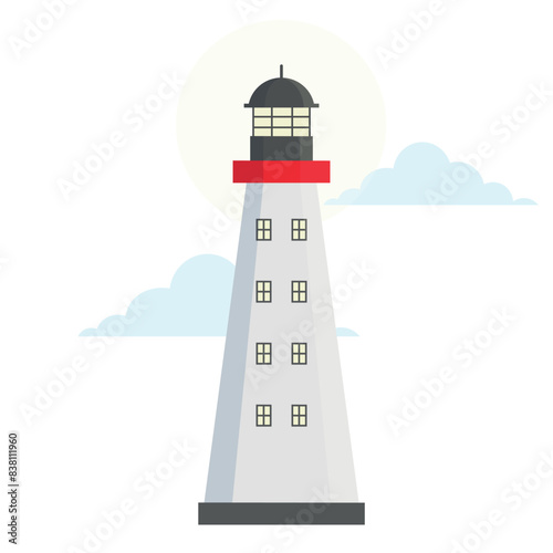 Lighthouse illuminated nautical building with sun and cloud vector flat illustration