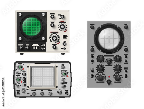 Old oscilloscope instrument for electrical measurement waveform analyzing set realistic vector