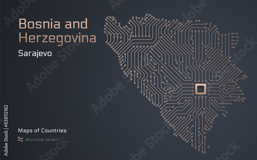 Bosnia and Herzegovina Map with a capital of Sarajevo. Republika Srpska. Shown in a Microchip Pattern with processor. E-government. World Countries vector maps. Microchip Series	