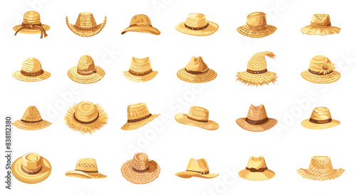 Cartoon Straw headwear icon set. Simple vector straw hats straw hat designs straw hat illustrations summer headwear beach accessories sun hats cartoon headwear summer fashion