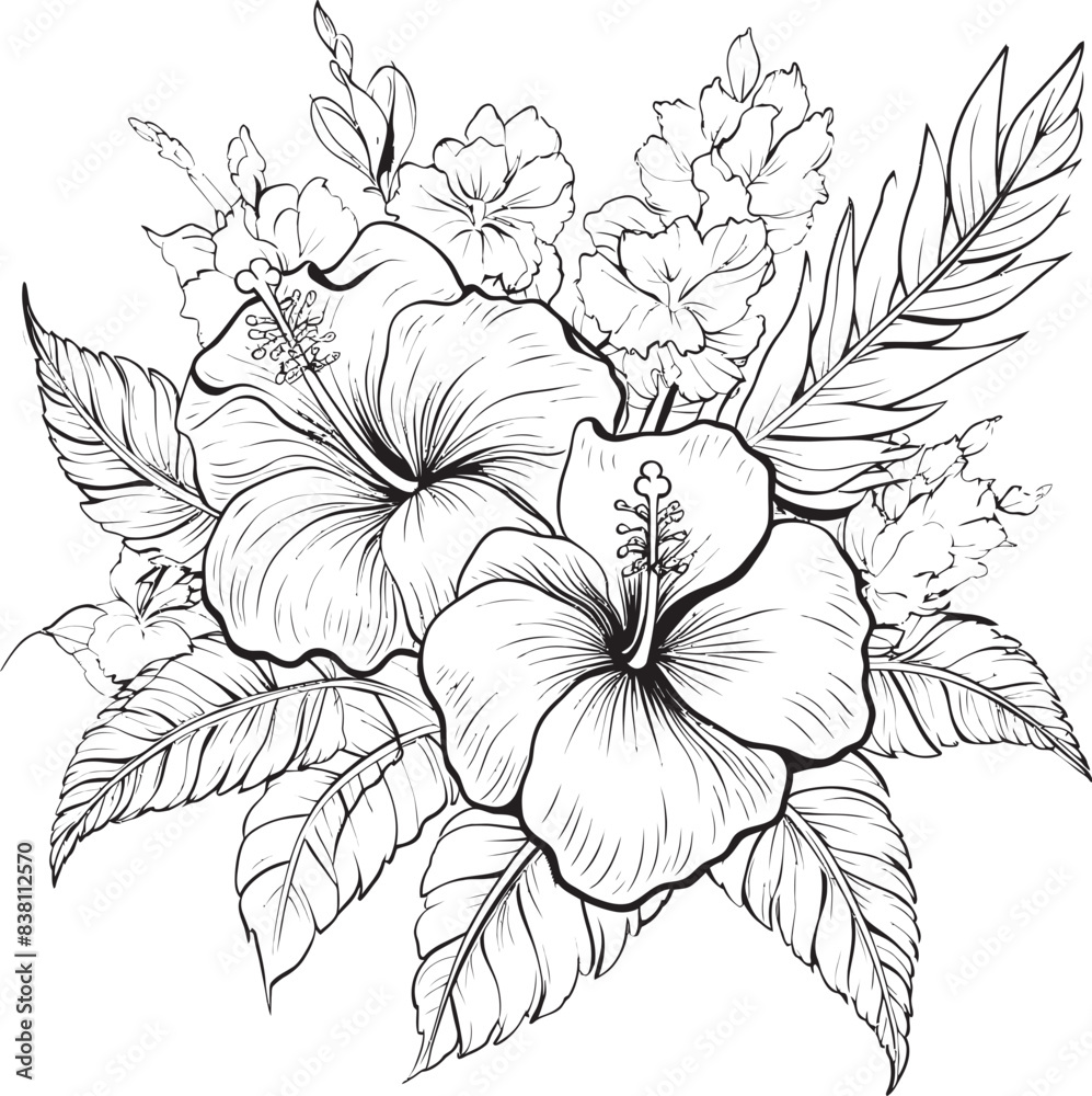 Fototapeta premium Tropical Floral Arrangement Serene Graphic Identity Hibiscus and Ferns Symbolic Icon Design