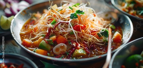 close up of gang som pak ruam, with mixed vegetables, focus on the sour curry, tangy and vibrant theme, whimsical, Manipulation, home kitchen photo