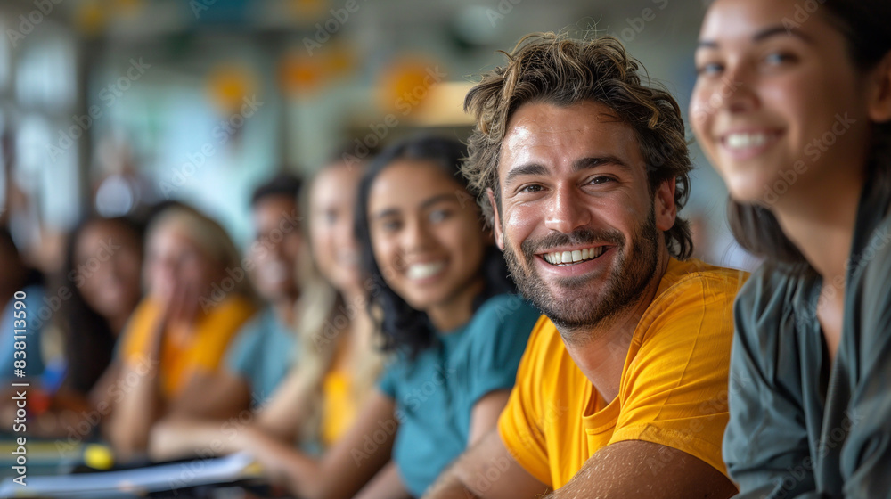Smiling people are sitting at a table and looking at the camera. Smiling people are sitting at a table and looking at the camera.