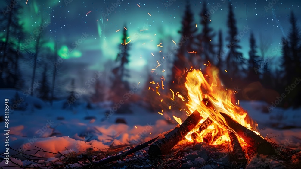 Camp fire in wilderness forest night on Aurora sky Camp fire in wilderness forest night on Aurora sky