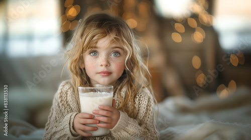little girl with glass of tasty milk