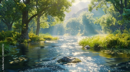 Scenic River Landscape  Capture the serene beauty of a river landscape  focusing on the flowing water  surrounding greenery