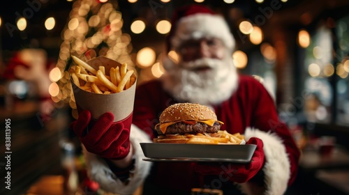 Fast food poster with Santa Claus holding french fries and burgers. photo