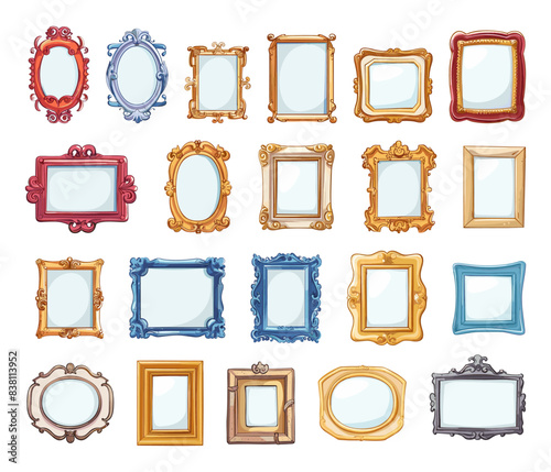Cartoon Vintage Picture Frames Icons Set. Set of Empty Frames in Retro Style. Simple Doodle Illustrations on White Background. Vintage, Decoration, Art, Retro, Wall Decor, Gallery, Antique
