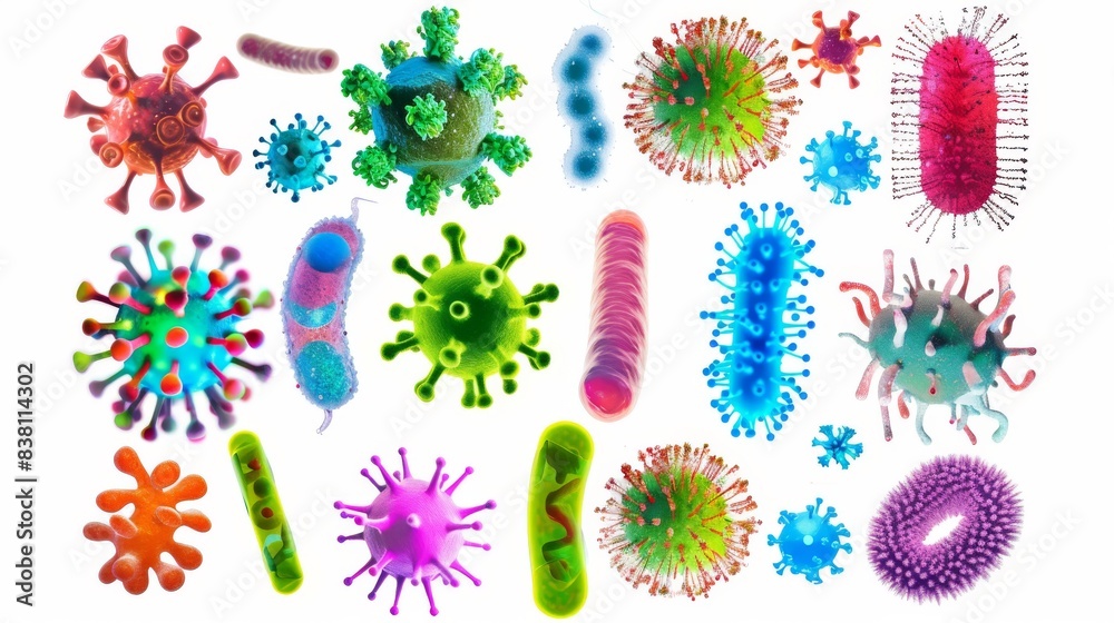 Fototapeta premium On a transparent background, a set of microorganisms and viruses are isolated.