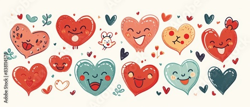 Delightful assortment of hand drawn hearts in different colors