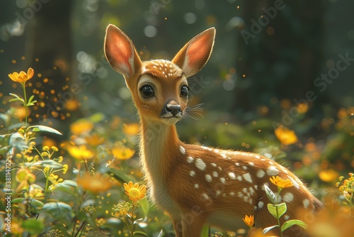 An enchanting image of a young deer surrounded by yellow flowers, with sunlight filtering through, creating a magical atmosphere