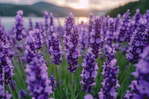 Lavender Flowers Blooming in a Field at Sunset