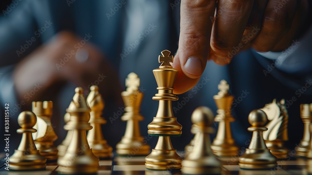 CLOSE UP OF A BUSINESSMAN'S HANDS MOVING A GOLD CHESS KING ON A CHESS TABLE
