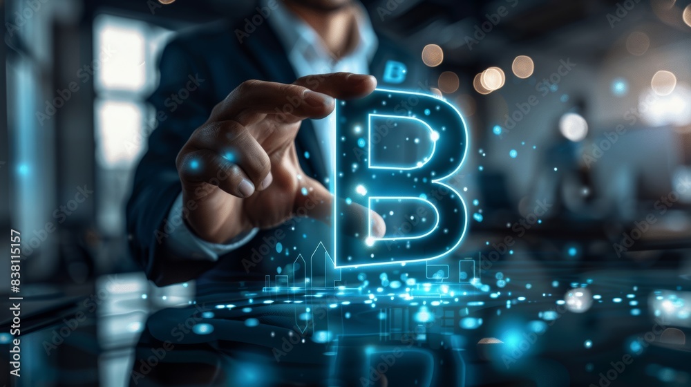 Fototapeta premium Businessman using laptop to view virtual screen of BI icon to learn how to turn normal data into insights that help analyze results and make decisions.