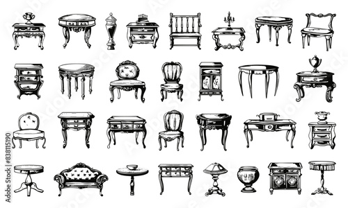 Doodle Style Antique Victorian Furniture Garnishes Icons Set. Hand Drawn Simple Black Icons on White Background. Sketch Illustrations of Vintage Furniture Decorations