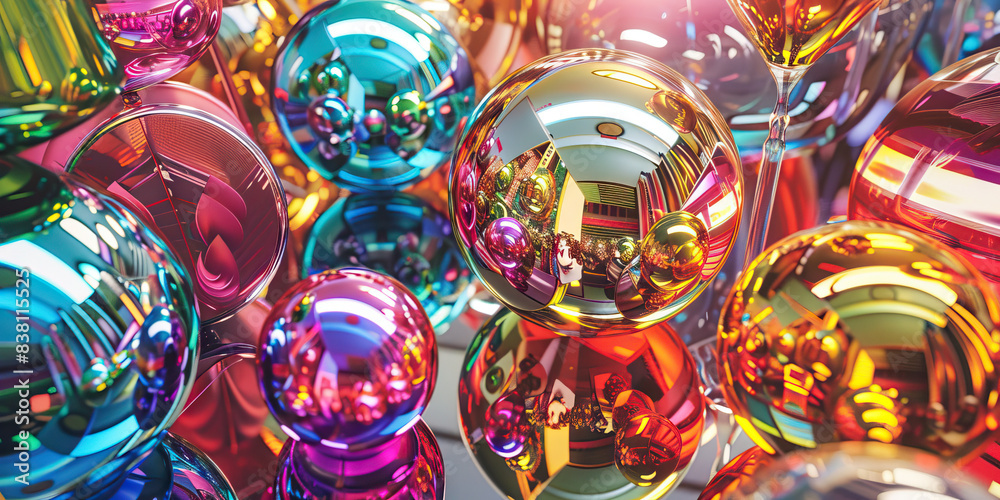 The Rainbow Riot of Reflective Objects: An array of shiny, shimmering objets d'art, strategically positioned to create a kaleidoscope of color and light