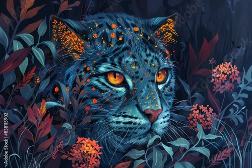 A digital illustration of a leopard with neon spots hidden among dark, rich foliage with fiery eyes © Design Depot