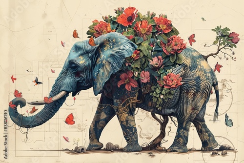 A digitized elephant adorned with flowers and butterfly illustrations over engineering schematics photo