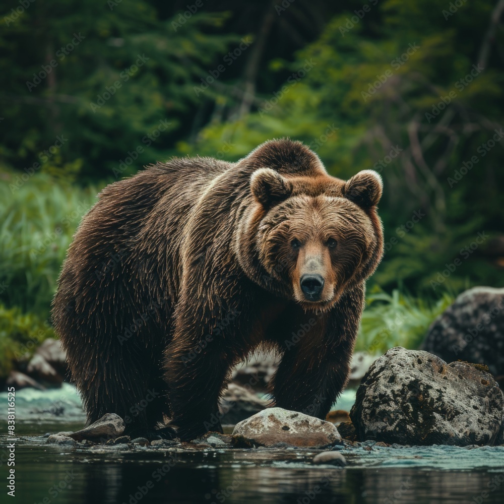 Majestic brown bear standing by a serene forest stream, surrounded by lush greenery and rocks.