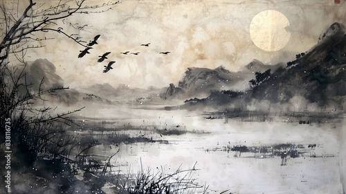 Nature, landscapes and countryside landscapes with hills mountains rivers and peaceful scenes are the subjects of these brush dipped black colored ink generaly the materials used for painting.