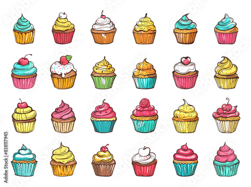 Doodle style cute colorful cupcakes icons set. Low detailed line sketch with crisp contours on a white background. Cupcake illustrations sweet desserts pastry clipart hand drawn