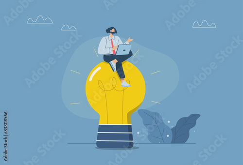 Creating problem solving ideas, Leader using creativity to solve work problems for a company or organization, Businessman sitting and working on a big light bulb, Vector design illustration.