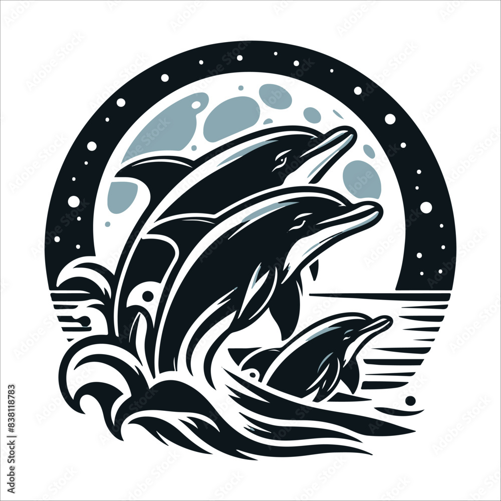 Naklejka premium Dolphins, vector illustration, silhouette