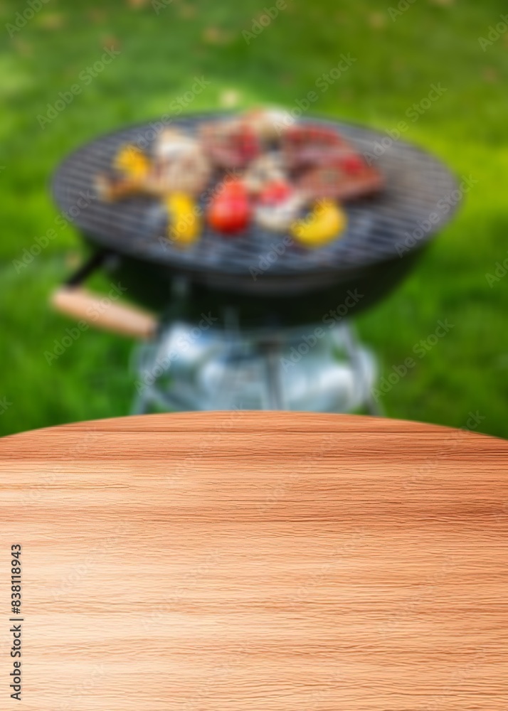 summer garden background with a desk and with grill BBQ summer garden background with a desk and with grill BBQ