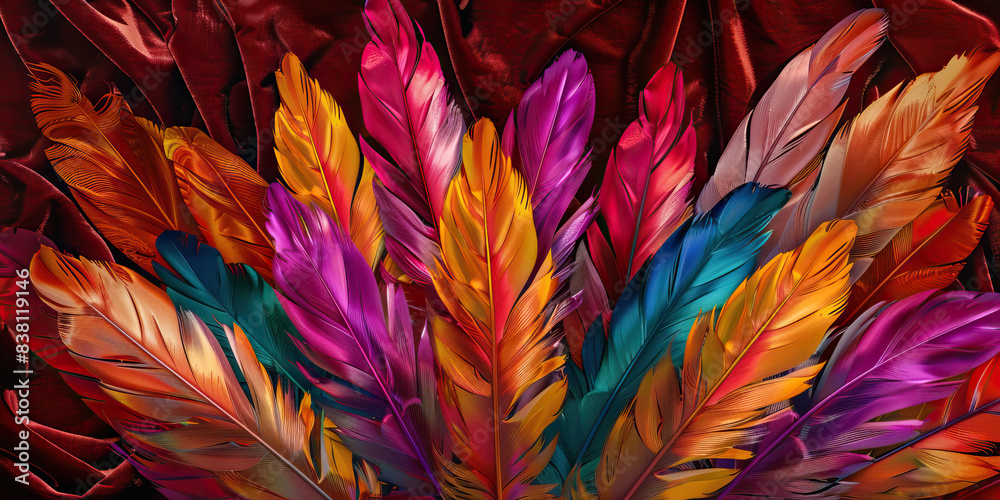 The Flamboyant Flock of Feathers: An exquisite arrangement of vibrant plumes, boldly displayed against a sumptuous velvet backdrop The Flamboyant Flock of Feathers: An exquisite arrangement of vibrant plumes, boldly displayed against a sumptuous velvet backdrop