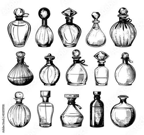 Doodle Style Different Perfume Bottles Icons Set. Hand Drawn Simple Black Icons on White Background. Sketch Illustrations of Various Fragrance Bottles
