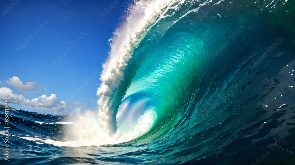 Obraz premium A naturalistic image capturing the calm and power of nature with a large barrel of ocean waves at sunset, suitable for travel, nature and surfing related content, in a layout with copy space