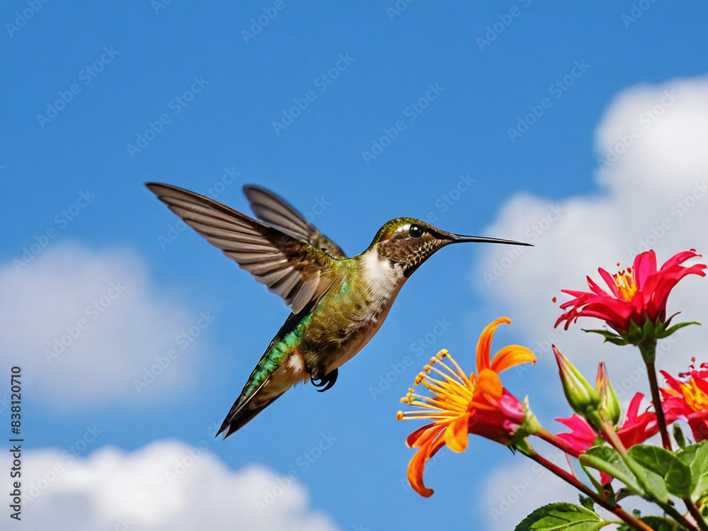 Close-up of a flying hummingbird over blooming flower against blue sky Close-up of a flying hummingbird over blooming flower against blue sky