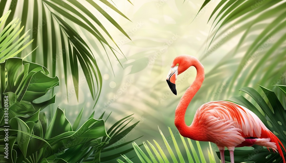 Fototapeta premium An isolated pink flamingo set against a tropical palm leaf background