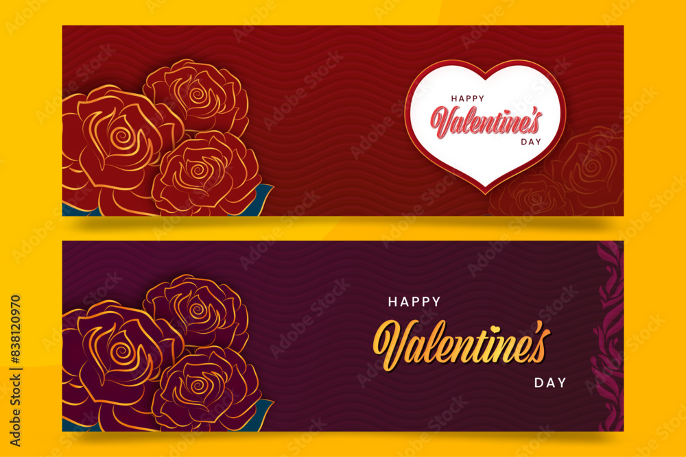 Happy Valentine's Day. Background with flower golden rose. Set of Horizontal banner, poster, header for website. Happy Valentine's Day. Background with flower golden rose. Set of Horizontal banner, poster, header for website.