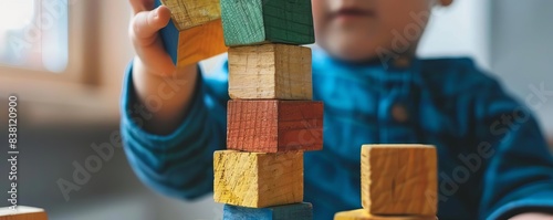 Intricate design of a toddler stacking wooden blocks to create a tower