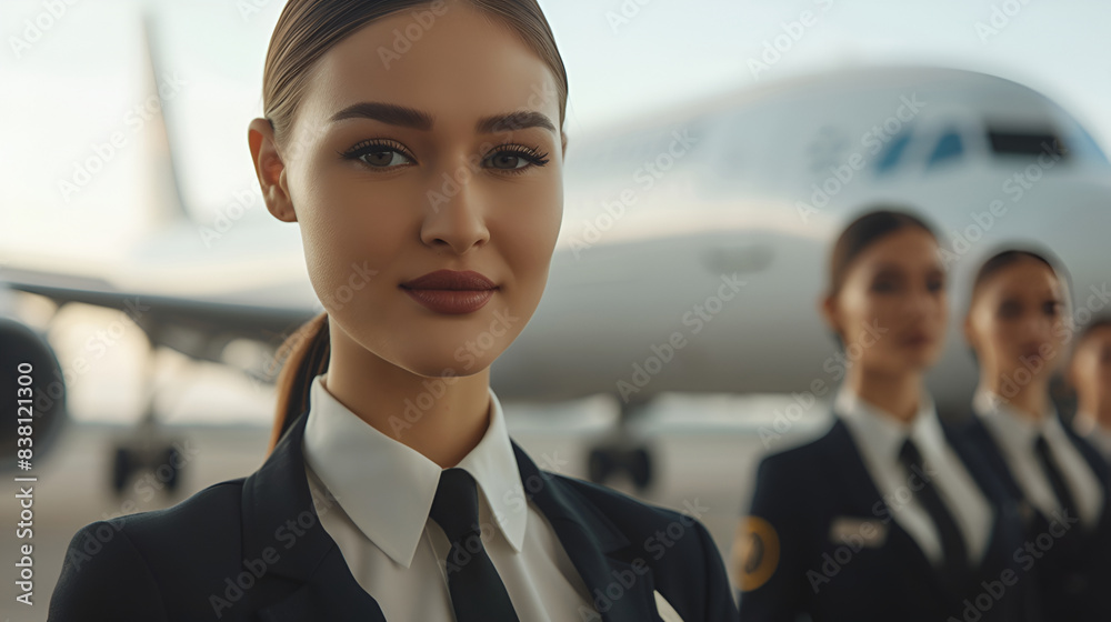Beautiful female flight attendants are standing in front of the plane at the airport Beautiful female flight attendants are standing in front of the plane at the airport