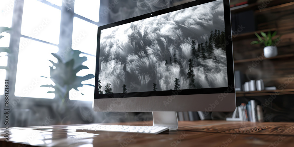 Fototapeta premium The Misty Grey Maze of Data. A computer monitor immersed in a foggy grey haze, creating a dreamy atmosphere on an organic, wooden desk