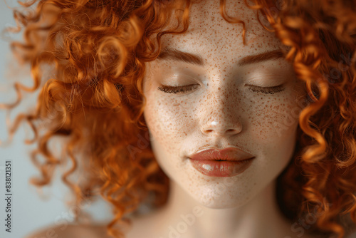 Close-Up Portrait of Happy Woman with Red Curly Hair and Freckles