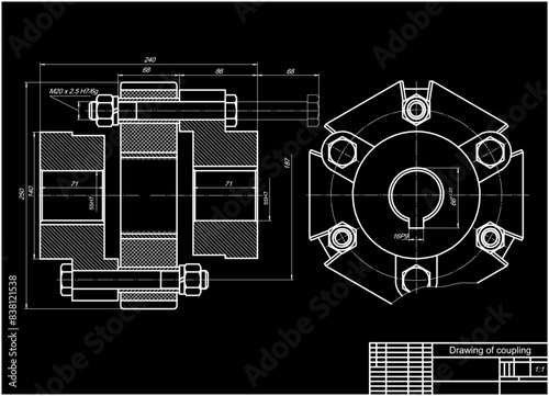 Assembly drawing of coupling.
Vector drawing of steel mechanical device with holes, 
bolted connection and dimension lines.
Engineering cad scheme. Technical template. 
Cross section.