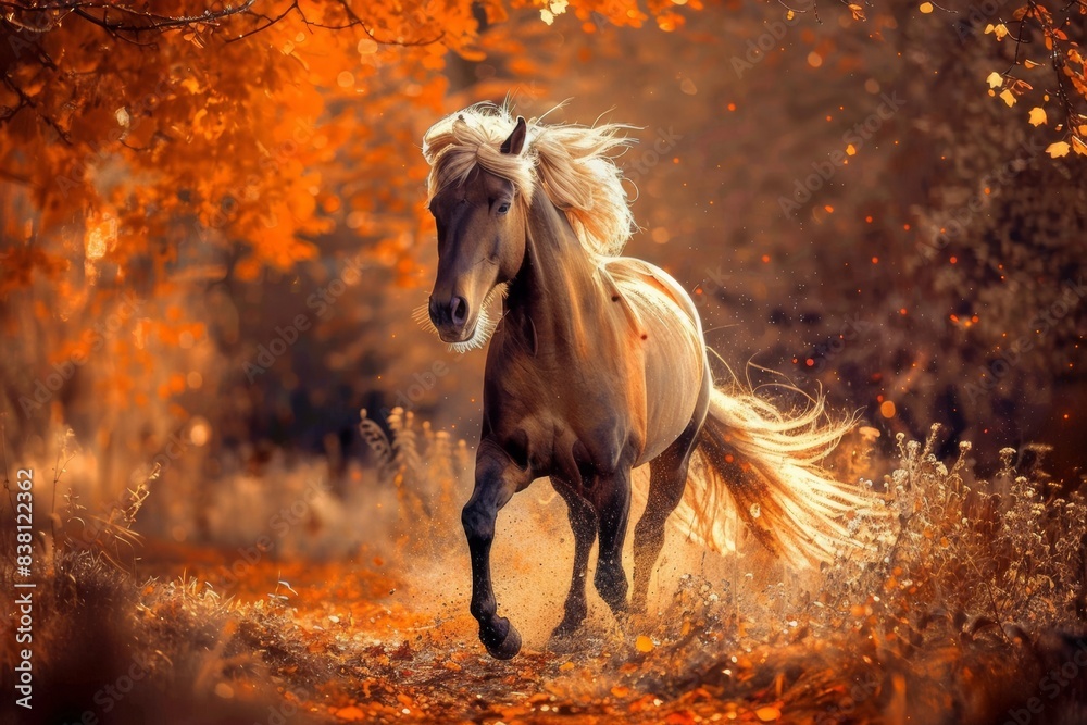 beautiful horse in the nature in autumn forest with orange foliage at sunset beautiful horse in the nature in autumn forest with orange foliage at sunset